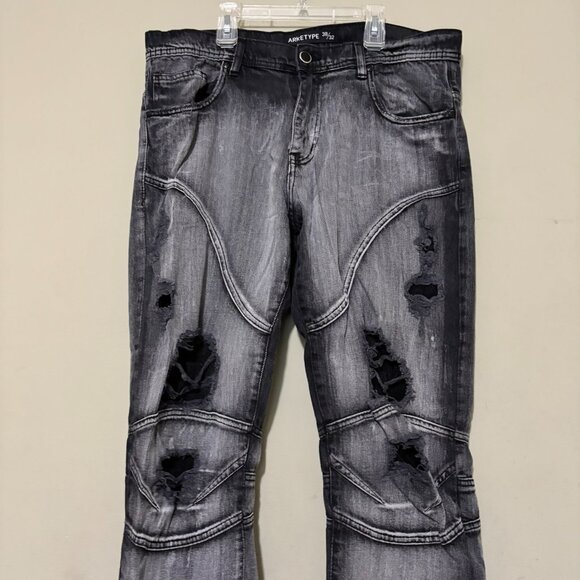 Arketype Men’s 38x32 Distressed Moto Jeans Black Washed Biker Denim - Picture 3 of 5